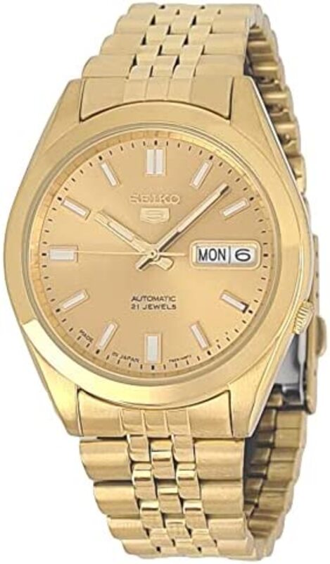 Seiko 21 Jewels Analog Watch for Men with Stainless Steel Band, Water Resistant, SNKF82J1, Gold