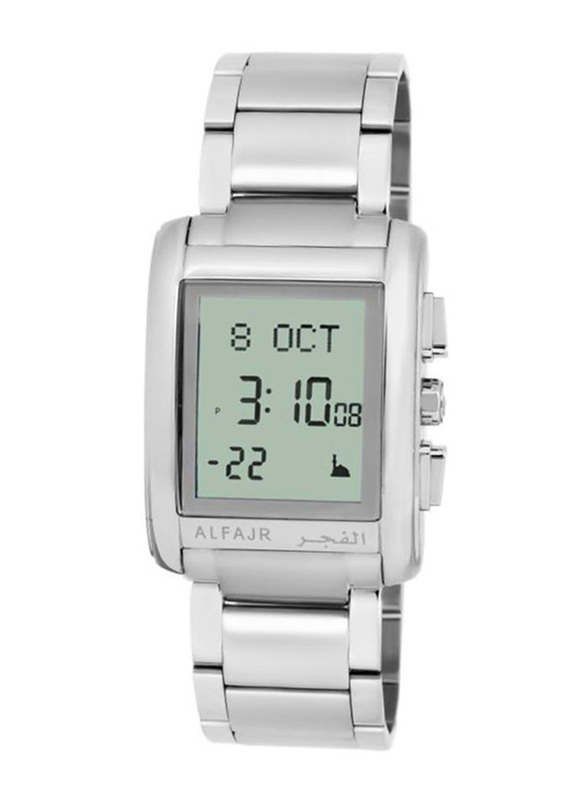 Al Fajr Digital Watch for Men with Stainless Steel Band, Water Resistant, WS-06S, Silver-White