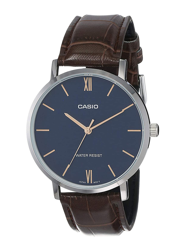 Casio Analog Watch for Men with Leather Band, Water Resistant, MTP-VT01L-2BUDF, Dark Brown-Blue