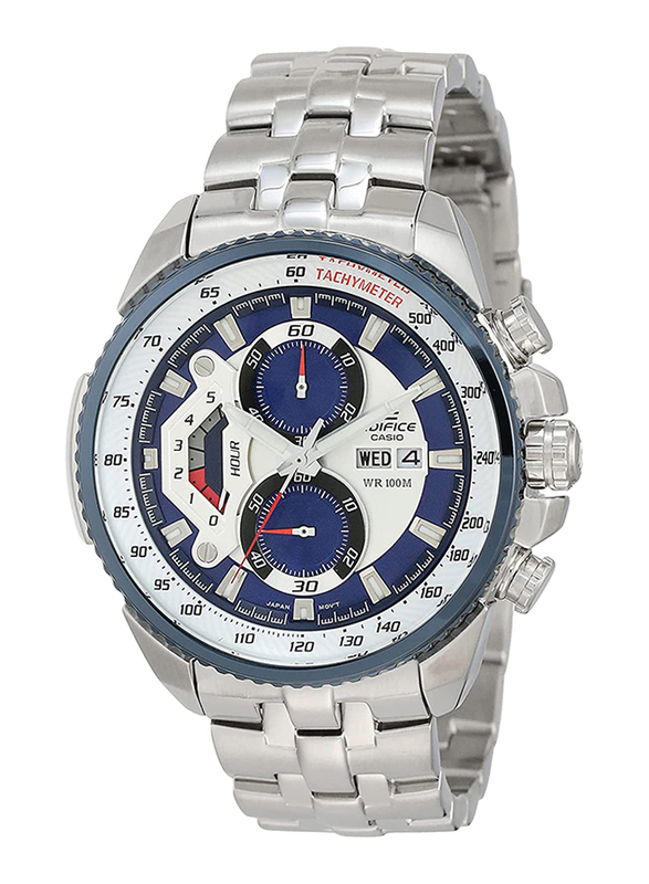 Casio Edifice Analog Quartz Watch for Men with Stainless Steel Band, Water Resistant and Chronograph, EF-558D-2AVUDF, Silver-Blue/White