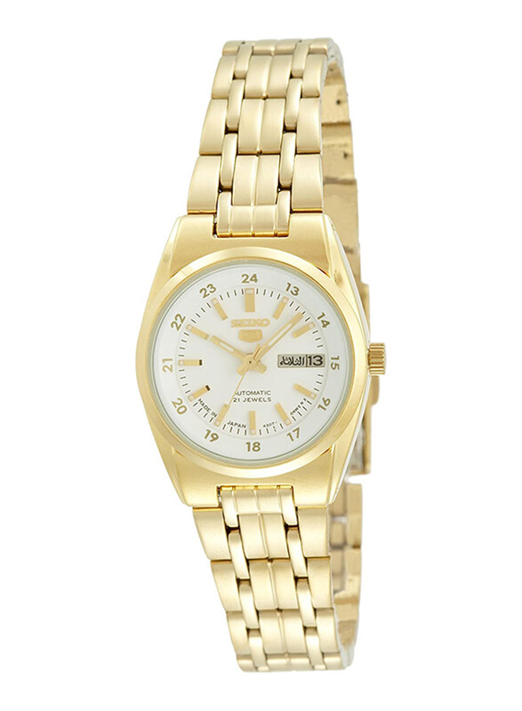 

Seiko 5 Automatic Analog Watch for Women with Stainless Steel Band, Water Resistant, SYMC02J1, Gold-White