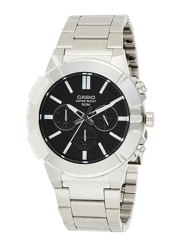 

Casio Analog Watch for Men with Stainless Steel Band, Water Resistant and Chronograph, MTP E500D 1AVDF, Silver-Black