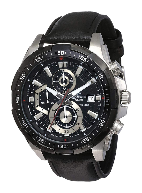 Casio Edifice Analog Watch for Men with Leather Band, Water Resistant and Chronograph, EFR-539L-1AV, Black