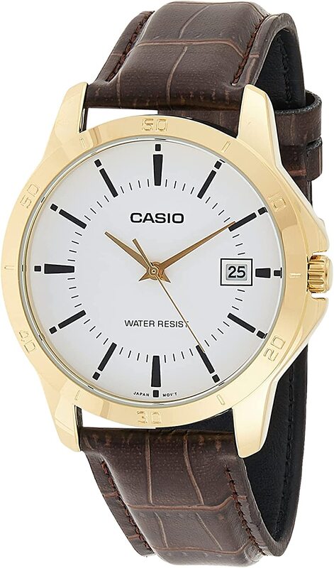 Casio Analog Display Watch for Men with Leather Band, Water Resistant, Mtp-V004Gl-7Audf, Brown/White