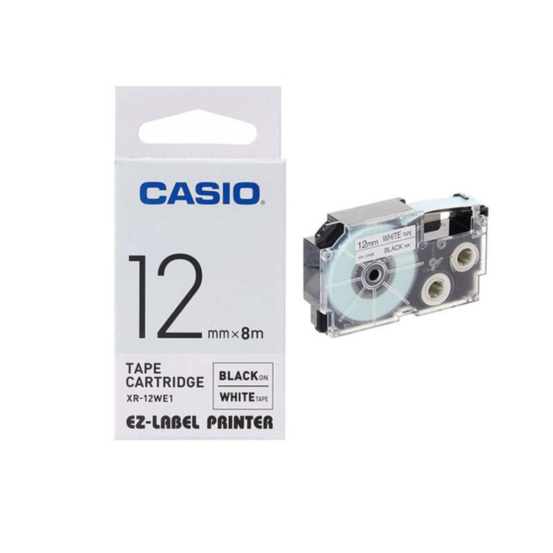 Casio XR-12WE1 Tape Cassette, 12mm X 8m, Black on White