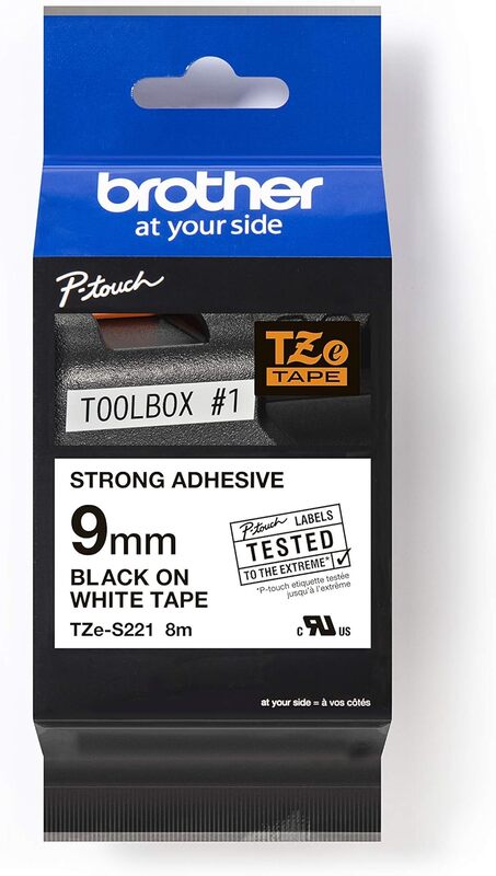 Brother TZe-S221 9mm Strong Adhesive Labelling Tape Cassette, Black on White