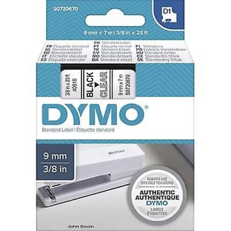 Dymo 40910, D1 Tape, 9mm x 7m, Black on Clear