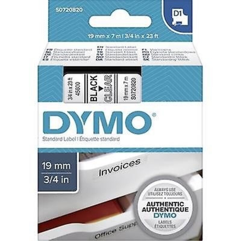 Dymo 45800, D1 Tape,19mm x 7m, Black on Transparent