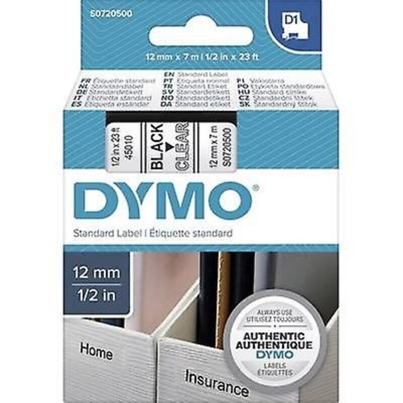 Dymo 45010, D1 Tape,12mm x 7m, Black on Transparent