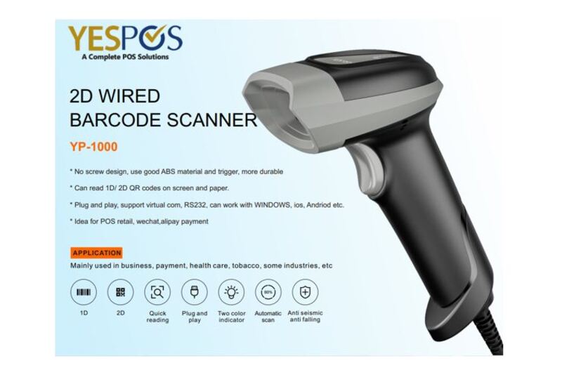 YESPOS YP-1000 2D WIRED BARCODE SCANNER with Stand