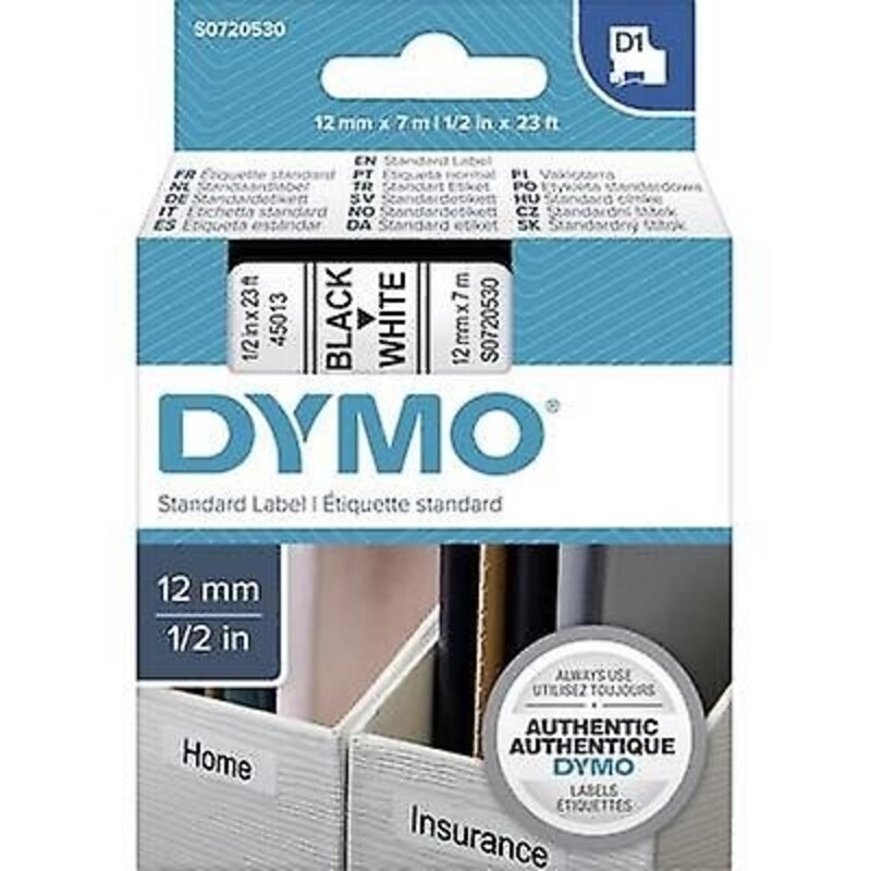 Dymo 45013, D1 Tape, 12mm x 7m, Black on White