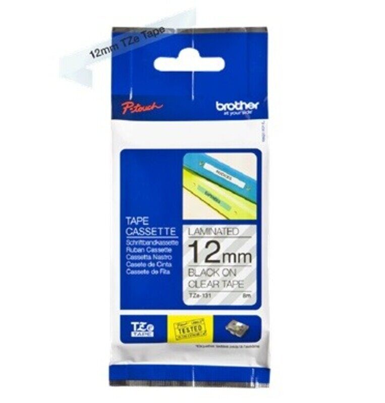 

Brother TZE-131 12mm Black on Clear Laminated Tape