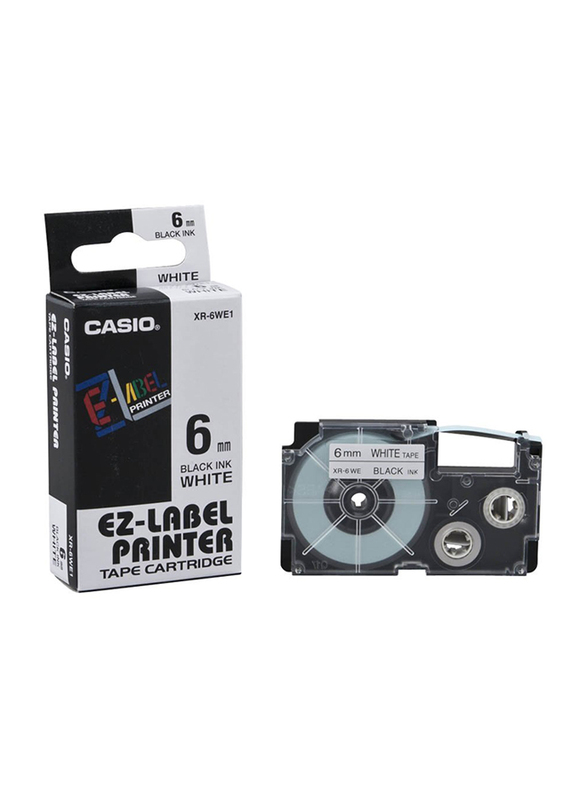 Casio XR-6WE1 Black On White Tape Cassette, 6mm x 8m, Clear/Black