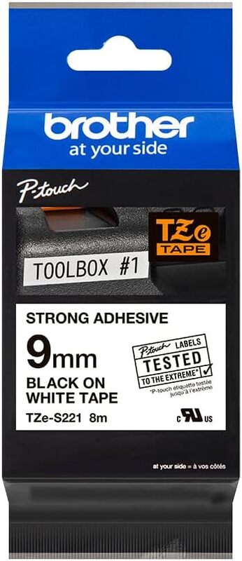 Brother TZe-S221 9mm Strong Adhesive Labelling Tape Cassette, Black on White