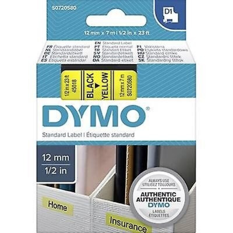 Dymo 45018, D1 Tape,12mm x 7m, Black on Yellow