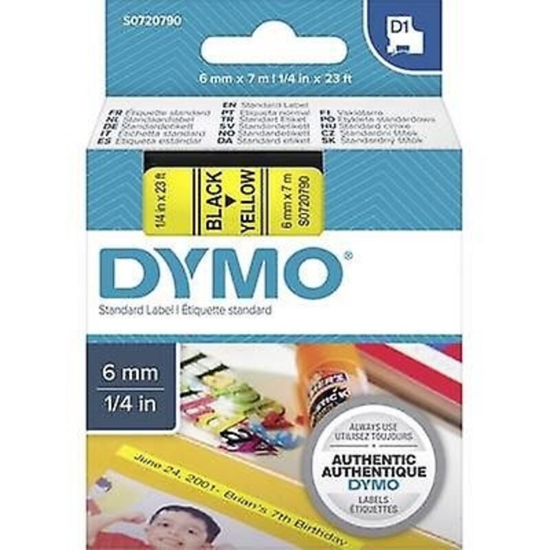 Dymo 43618, D1 Tape, 6mm x 7m, Black on Yellow