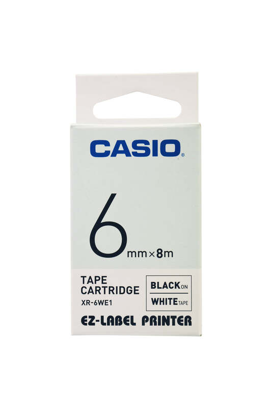 Casio XR-6WE1 Tape Cassette, 6mm X 8m, Black on White