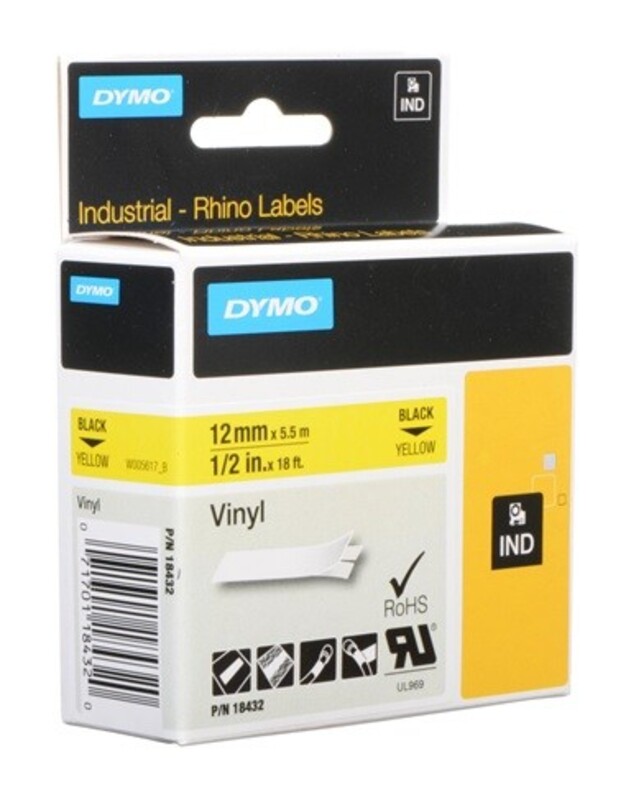 Dymo 18432 Vinyl Tape 12mm X 5.5m Black on Yellow