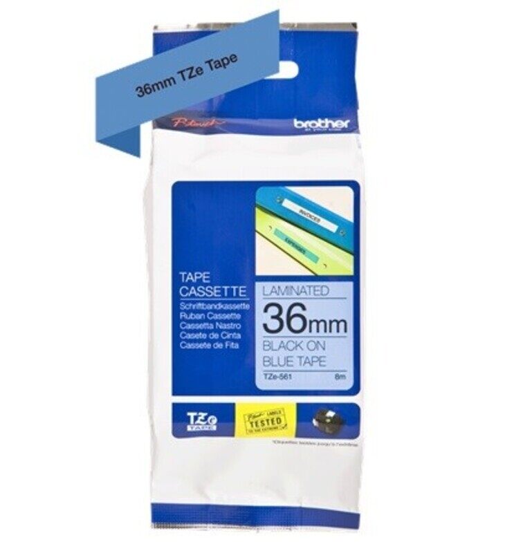 

Brother TZe-561 36mm Black on Blue Laminated Tapes