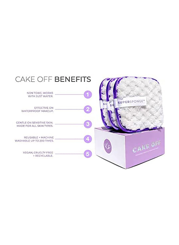 Super Sponge Cake Off Reusable Makeup Remover Pads for Toner, 3 Pieces, Purple/White