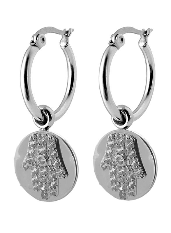 Co88 Sense Stainless Steel Dangle Earrings for Women with Fatima's Hand Charm and Zirconia Stone, Latch Closure, Silver