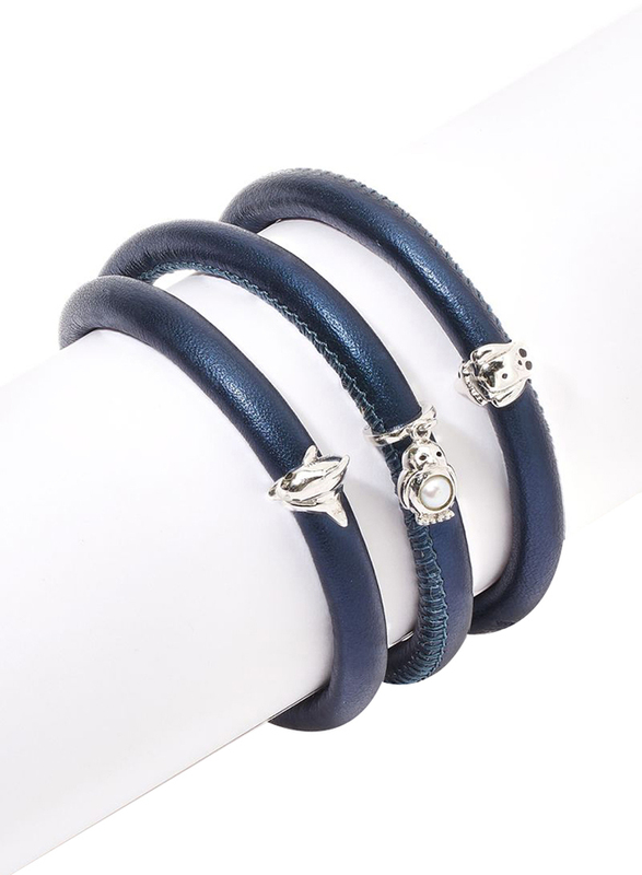 Christina Design London Leather Cord Multi Layer Bracelet for Women, with Penguin Drop, with Dolphin and Penguin Tube, Blue