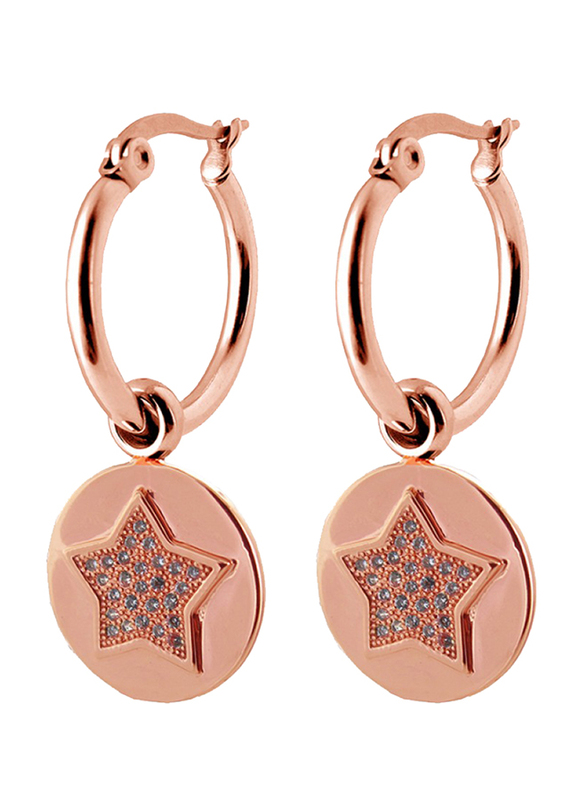Co88 Sense Stainless Steel Dangle Earrings for Women with Star Charm and Zirconia Stone, Latch Closure, Rose Gold