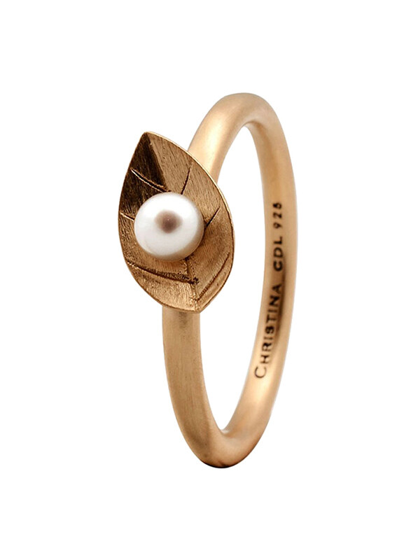 

Christina Design London Gold Plated Sterling Silver Leaf Shape Fashion Ring for Women with Fresh Water Pearl Stone, Gold, EU 53