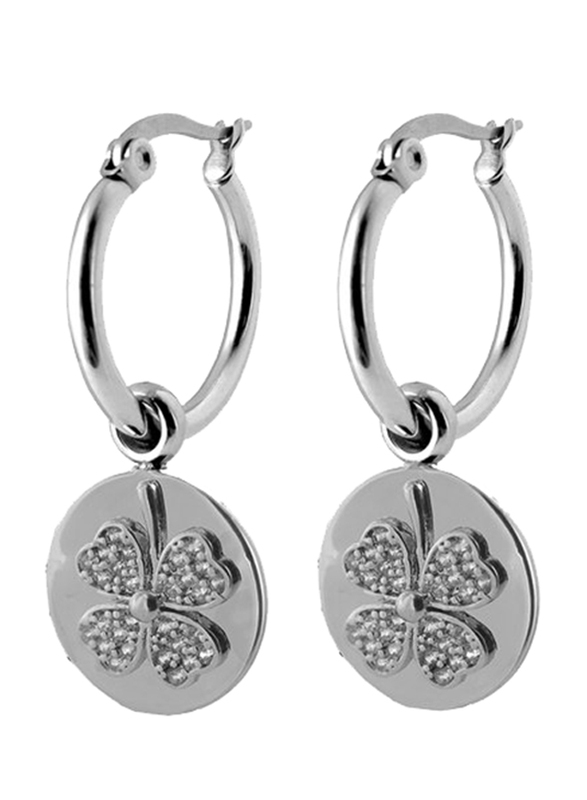 Co88 Sense Stainless Steel Dangle Earrings for Women with Clover Charm and Zirconia Stone, Latch Closure, Silver