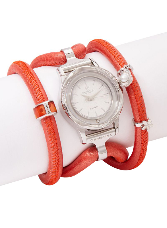 Christina Design London Assemble Collect Analog Swiss Watch for Women with Attached Italian Leather Cord with Genuine Gemstone Charms Band, Water Resistant, 300 SWBL, Coral-White