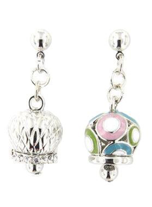 Bysimon Capri Collection Mismatch Metal Dangle Earrings for Women with Hanging Enamelled Bell, Silver
