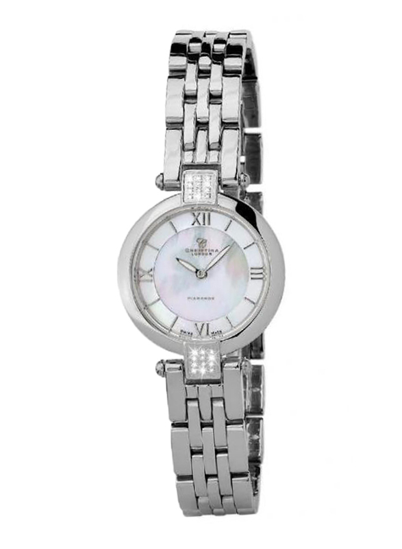 Christina Design London Analog Swiss Watch for Women with Stainless Steel Band, Water Resistant, with Mother of Pearl Dial and 24 Diamonds, 135SW, Silver-White