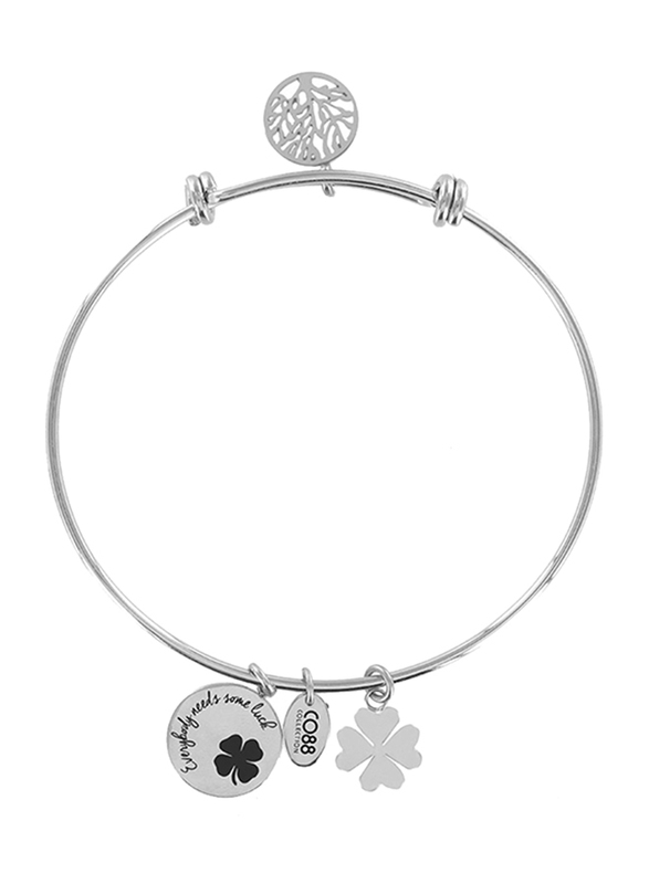 Co88 Celestial Stainless Steel Bracelet for Women with Tree of Life and Clover Charm, Silver