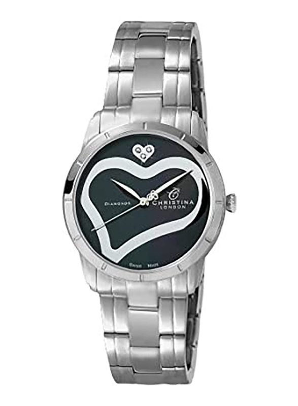 Christina Design London Analog Swiss Watch for Women with Stainless Steel Band, Water Resistance, with Mother of Pearl Dial and 3 Diamonds, 147SBL, Silver-Black