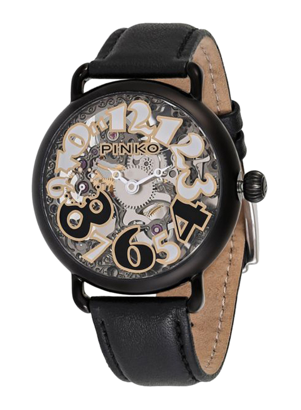 بينكو Pianoforte ساعة يد بعقارب اوتوماتيكية من الجلد للنساء, مقاومة للماء, 20000, اسود-شفاف