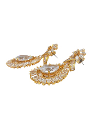 Amishi London Gold Plated Stainless Steel Studded Drop Earrings for Women, with Crystal Stone, Gold