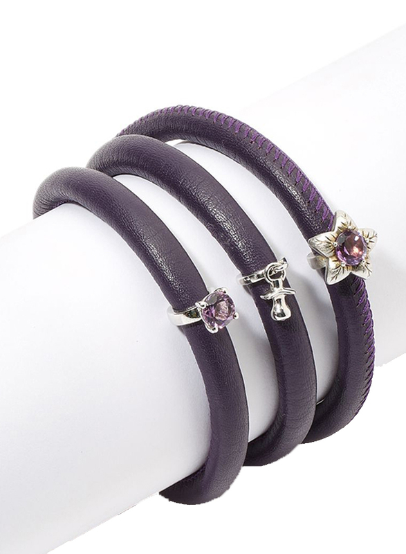 Christina Design London Leather Cord Multi Layer Bracelet for Women, with Pink Baby Girl Drop, with Amethyst Flower and Quartz Ring Charm, Purple