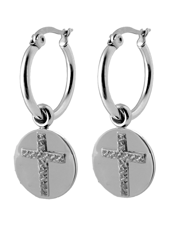 Co88 Sense Stainless Steel Dangle Earrings for Women with Cross Charm and Zirconia Stone, Latch Closure, Silver