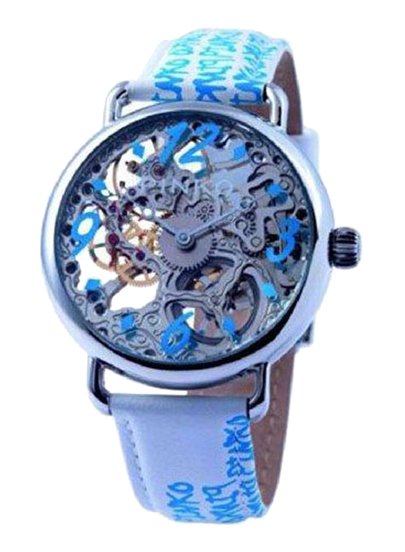 بينكو Pianoforte ساعة يد بعقارب اوتوماتيكية من الجلد للنساء, مقاومة للماء, 20000, ابيض/ازرق-شفاف