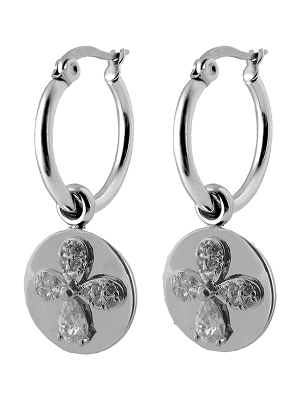 Co88 Sense Stainless Steel Dangle Earrings for Women with Flower Charm and Zirconia Stone, Latch Closure, Silver