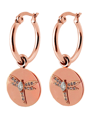 Co88 Sense Stainless Steel Dangle Earrings for Women with Dragonfly Charm and Zirconia Stone, Latch Closure, Rose Gold