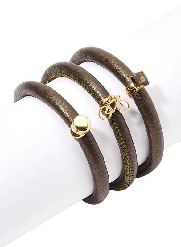 Christina Design London Leather Cord Multi Layer Bracelet for Women, with Racing Bike and Topaz Hut Drop, with Smokey Quartz Stone, Bronze