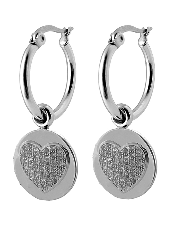 Co88 Sense Stainless Steel Dangle Earrings for Women with Heart Charm and Zirconia Stone, Latch Closure, Silver
