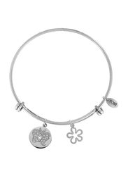Co88 Sense Stainless Steel Bracelet for Women with Flower Charm and Crystal Stone, Silver