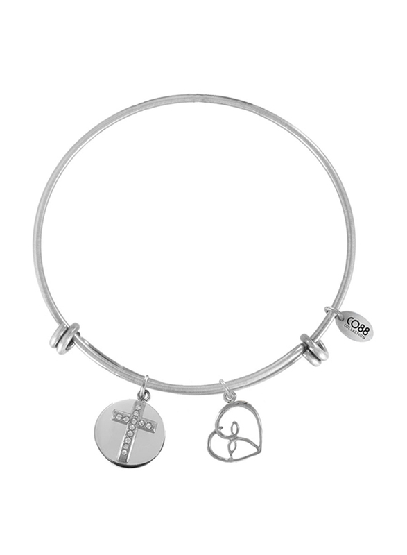 Co88 Sense Stainless Steel Bracelet for Women with Cross & Heart Charm and Crystal Stone, Silver