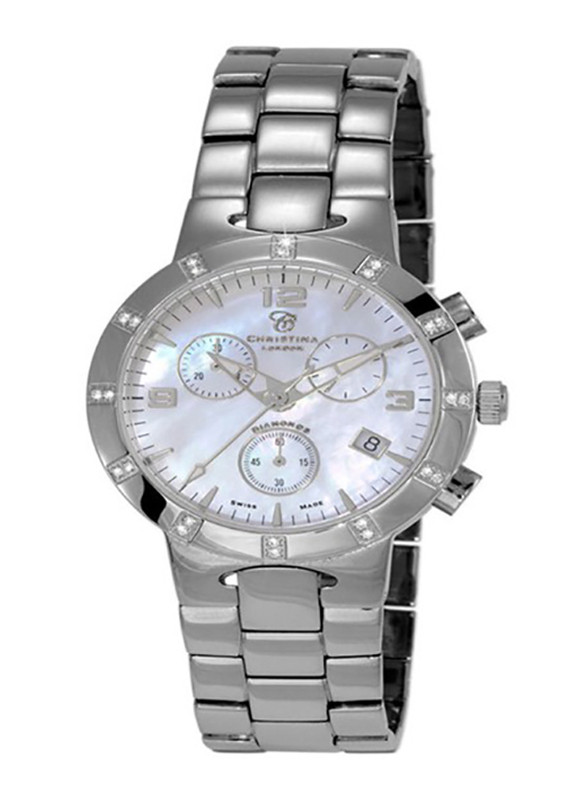 Christina Design London Analog Swiss Watch for Women and Stainless Steel Band, Water Resistant and Chronograph, with Mother of Pearl and 24 Diamonds, 124SW, Silver-White