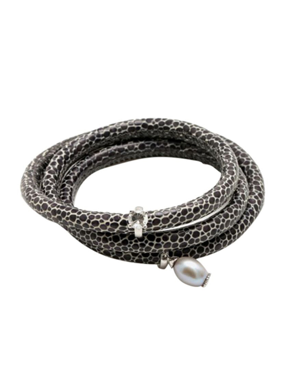 Christina Design London Leather Cord Multi Layer Bracelet for Women, with Grey Pearl Drop and Crystal Quartz Ring Charm, Black