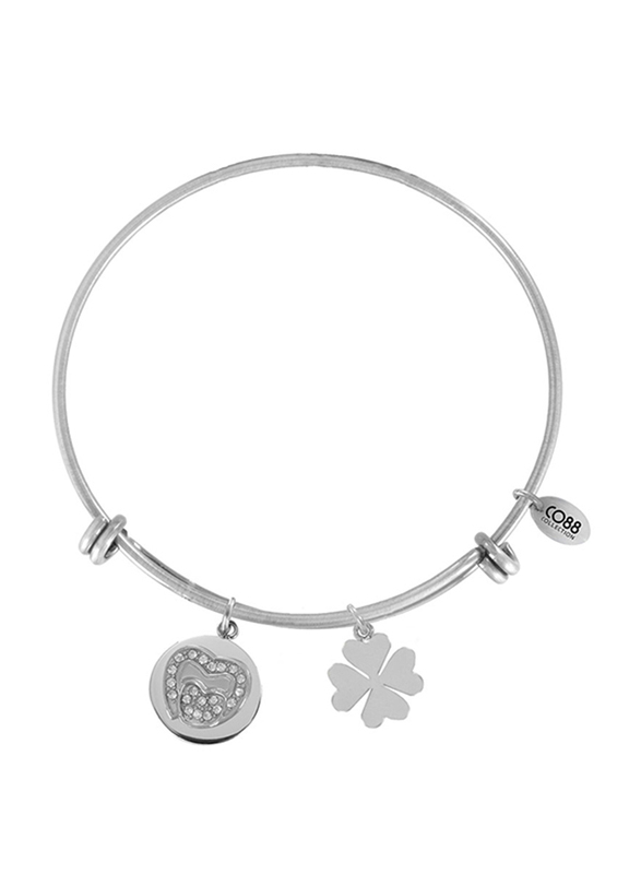 Co88 Sense Stainless Steel Bracelet for Women with Heart & Clover Charm and Crystal Stone, Silver