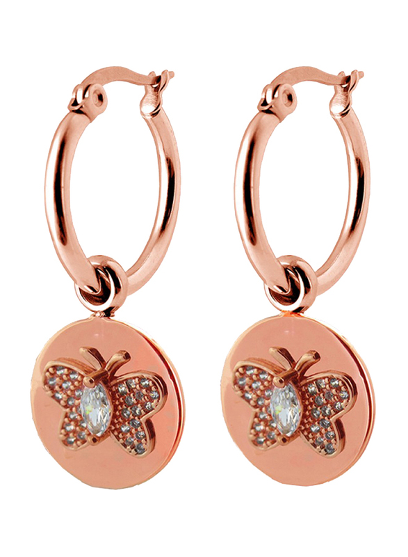 Co88 Sense Stainless Steel Dangle Earrings for Women with Butterfly Charm and Zirconia Stone, Latch Closure, Rose Gold