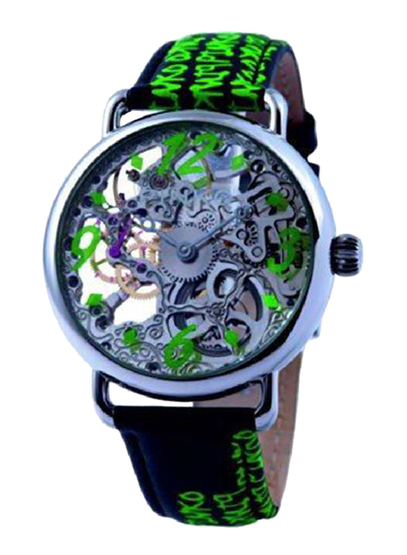 بينكو Pianoforte ساعة يد بعقارب اوتوماتيكية من الجلد للنساء, مقاومة للماء, 20000, اسود/اخضر-شفاف
